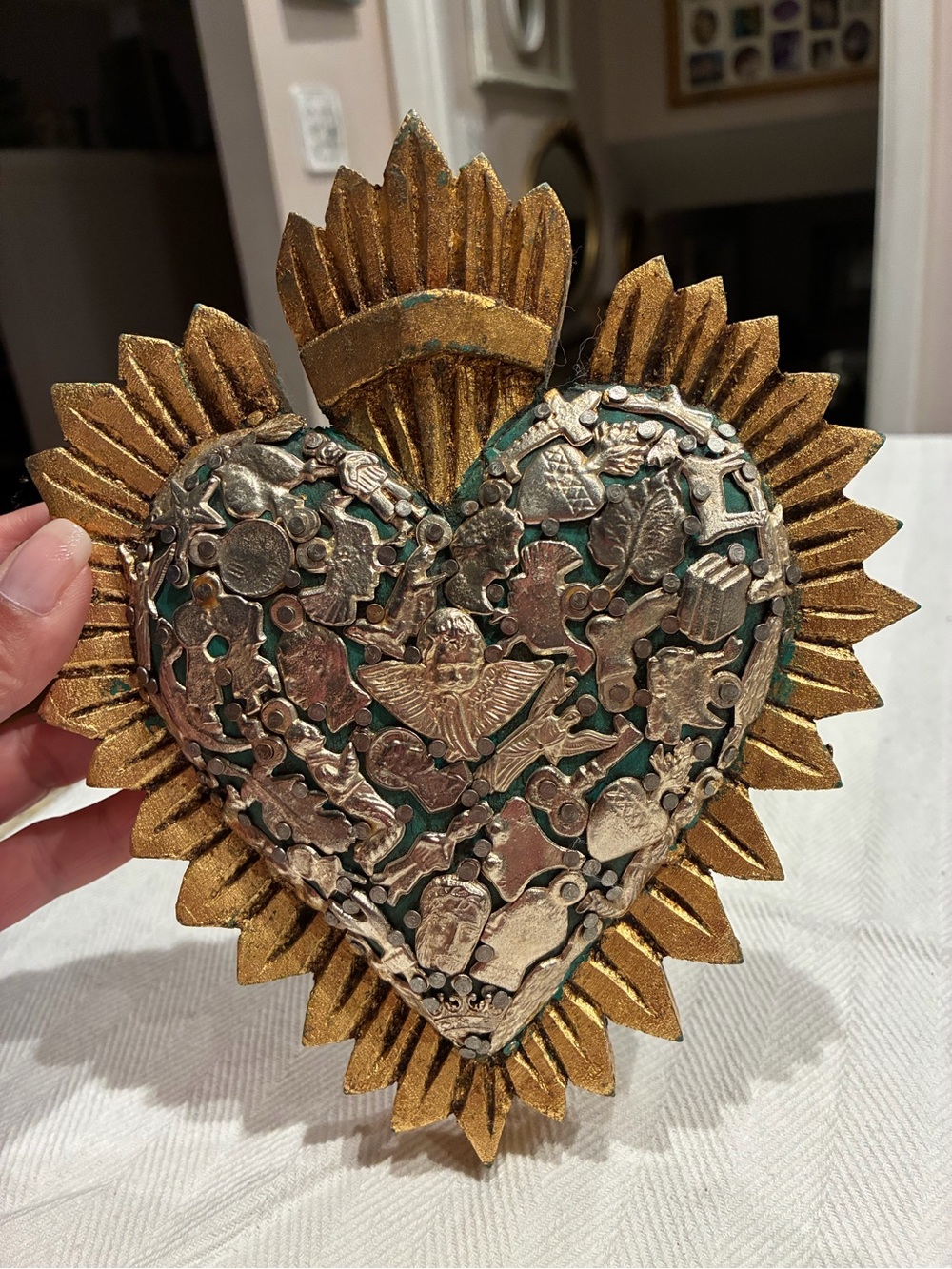 Vintage Handcrafted Sacred Heart Milagros Wall Art - Gold & Silver - Picture 2 of 5
